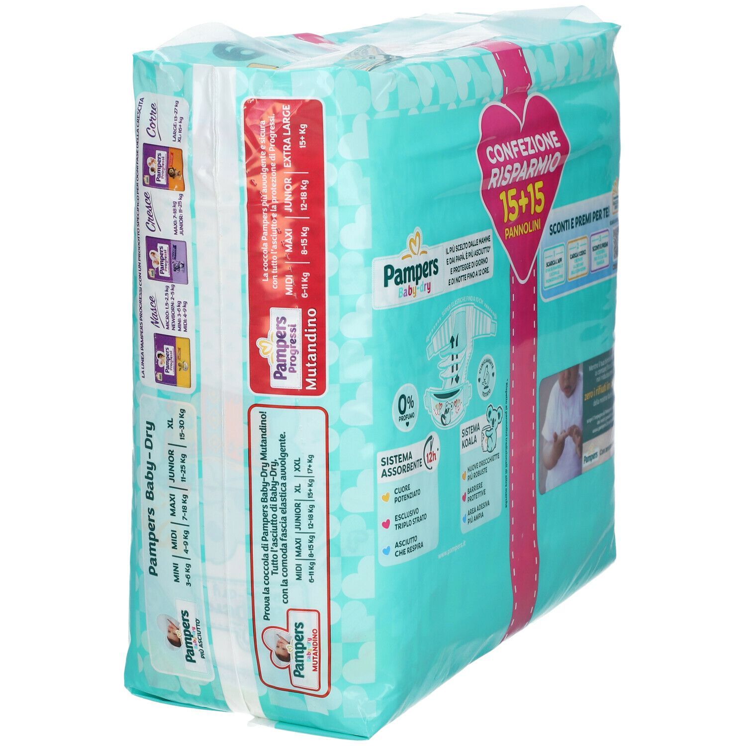 Pannolini Pampers Baby-Dry, XL, confezione duo. Confezione turchese. Scritte: Pampers, Baby-Dry, Mutandino, taglie, 15+15.