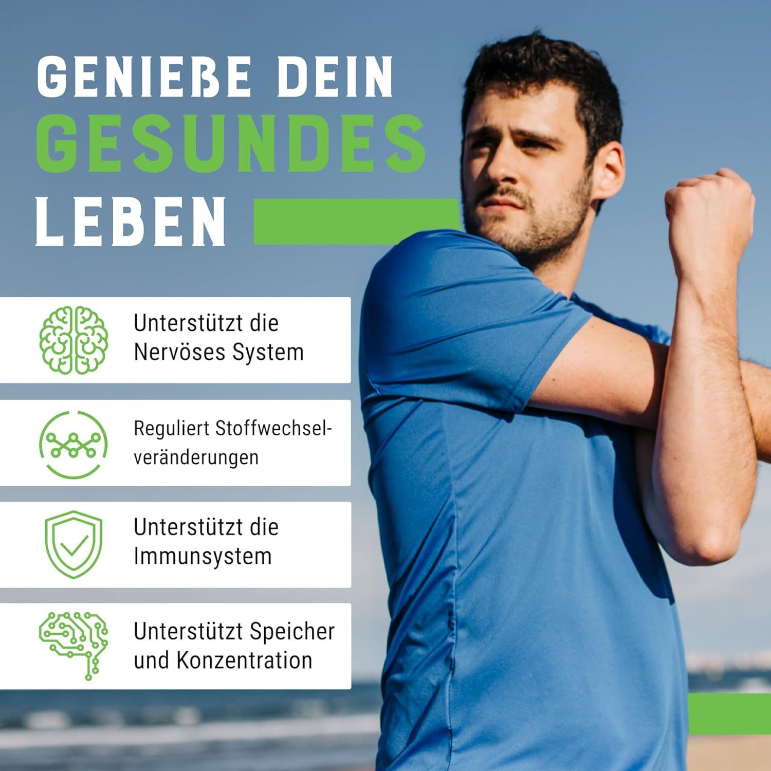 Uomo in maglietta blu. Testo: Supporta sistema nervoso, metabolismo, immunitario, memoria e concentrazione.