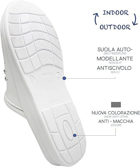 Sottopiede di uno zoccolo Sanì bianco. Testo: Suola automodellante, antiscivolo. Nuova colorazione antimacchia.