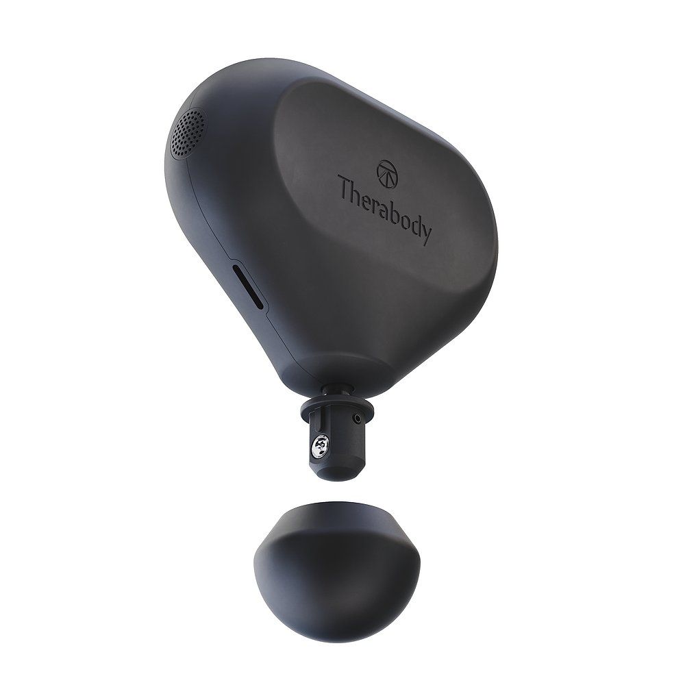 Massaggiatore nero con testa rimovibile. Il testo "Therabody" è visibile.