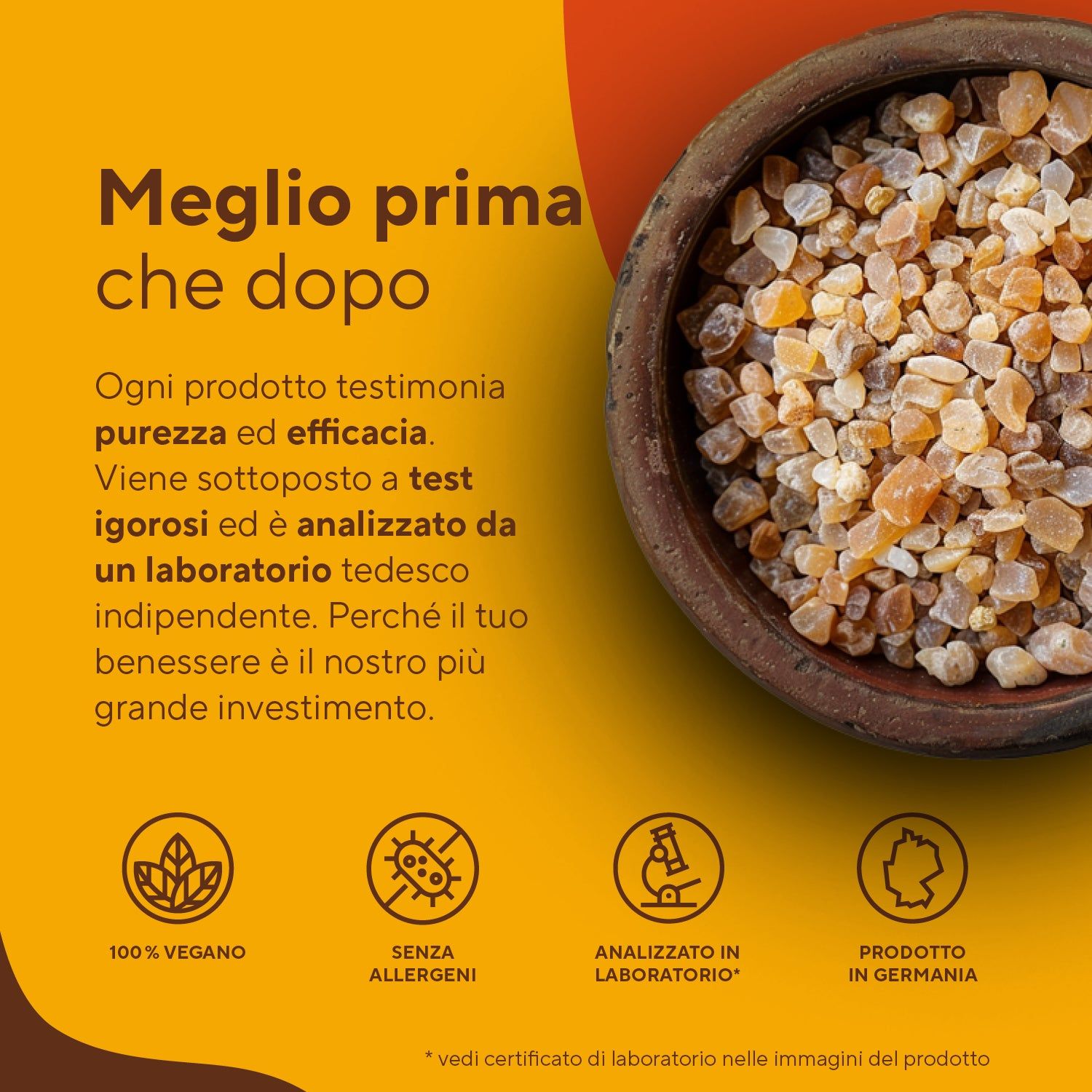Ciotola marrone con resina. Testo: 100% vegano, senza allergeni, certificato in laboratorio, Made in Germany.