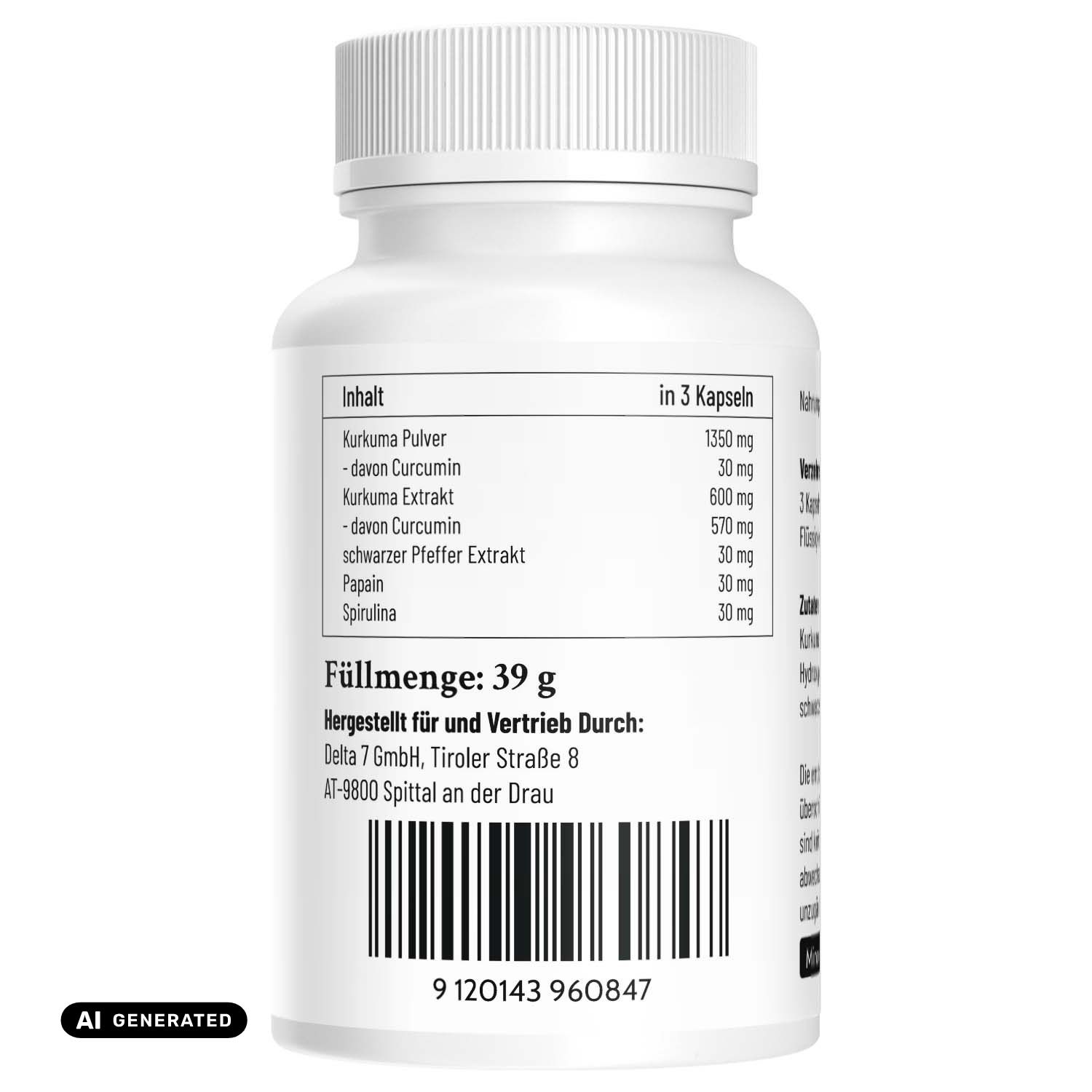 Flacone bianco di capsule con etichetta che elenca ingredienti e informazioni sul produttore.