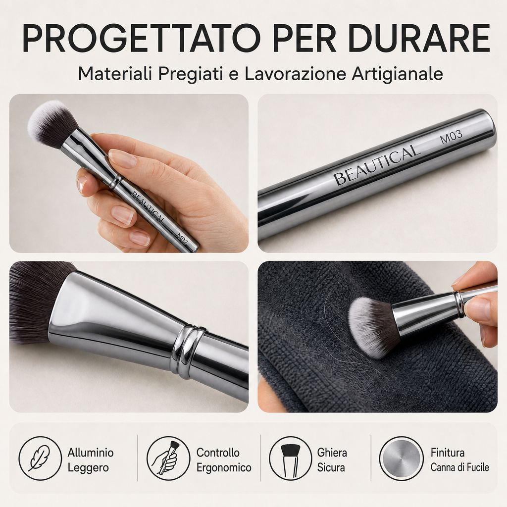 Pennello per trucco con manico argentato e setole morbide.