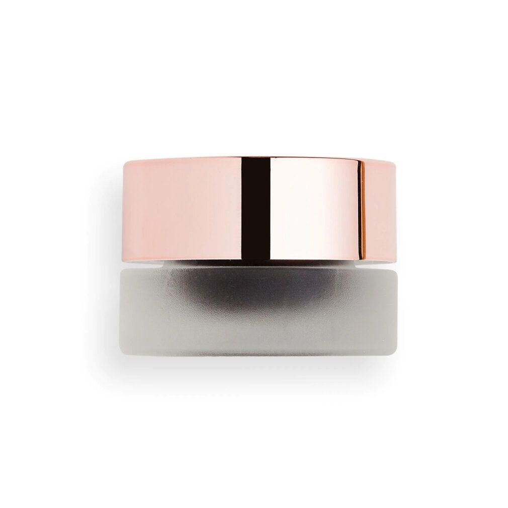 Vasetto di eyeliner in gel con coperchio rosa. Il vasetto ha un fondo trasparente opaco. Il coperchio riporta il nome del marchio.