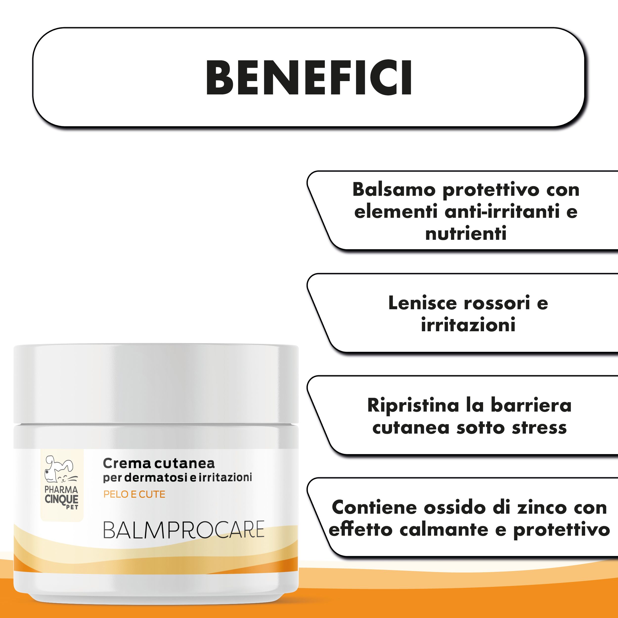 Vaso di crema BALMPROCARE, testo: Crema cutanea per dermatosie irritazioni, Pelo e Cute. Testo: Balsamo protettivo, lenisce rossori, ripristina barriera, ossido di zinco.