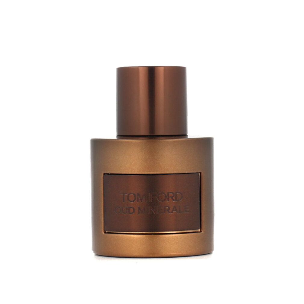 Eau de Parfum Tom Ford Oud Minérale. Flacone oro-marrone. Scritta Oud Minérale.