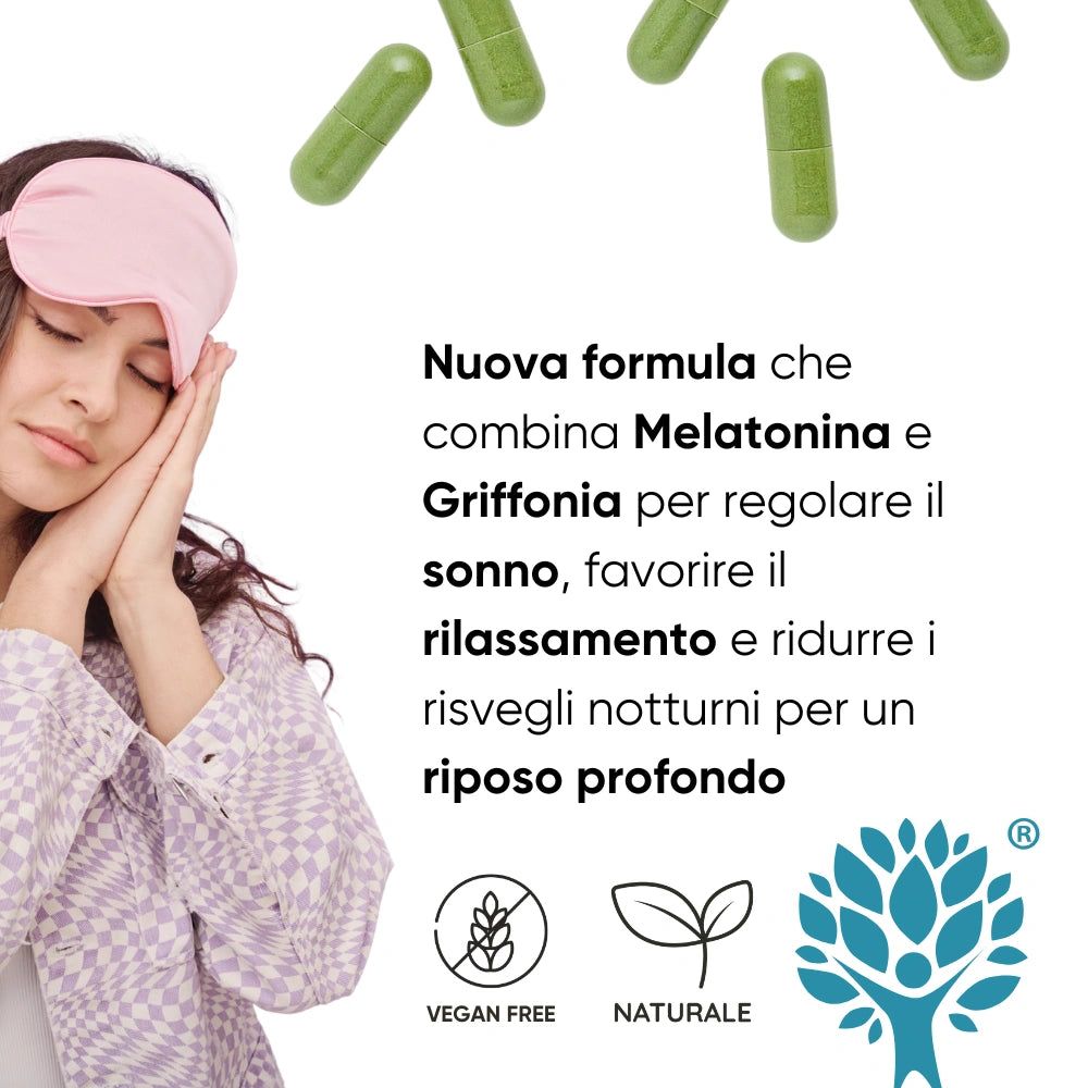 Donna con mascherina e capsule. Testo: Nuova formula con melatonina e griffonia per un sonno riposante. Vegano e naturale.