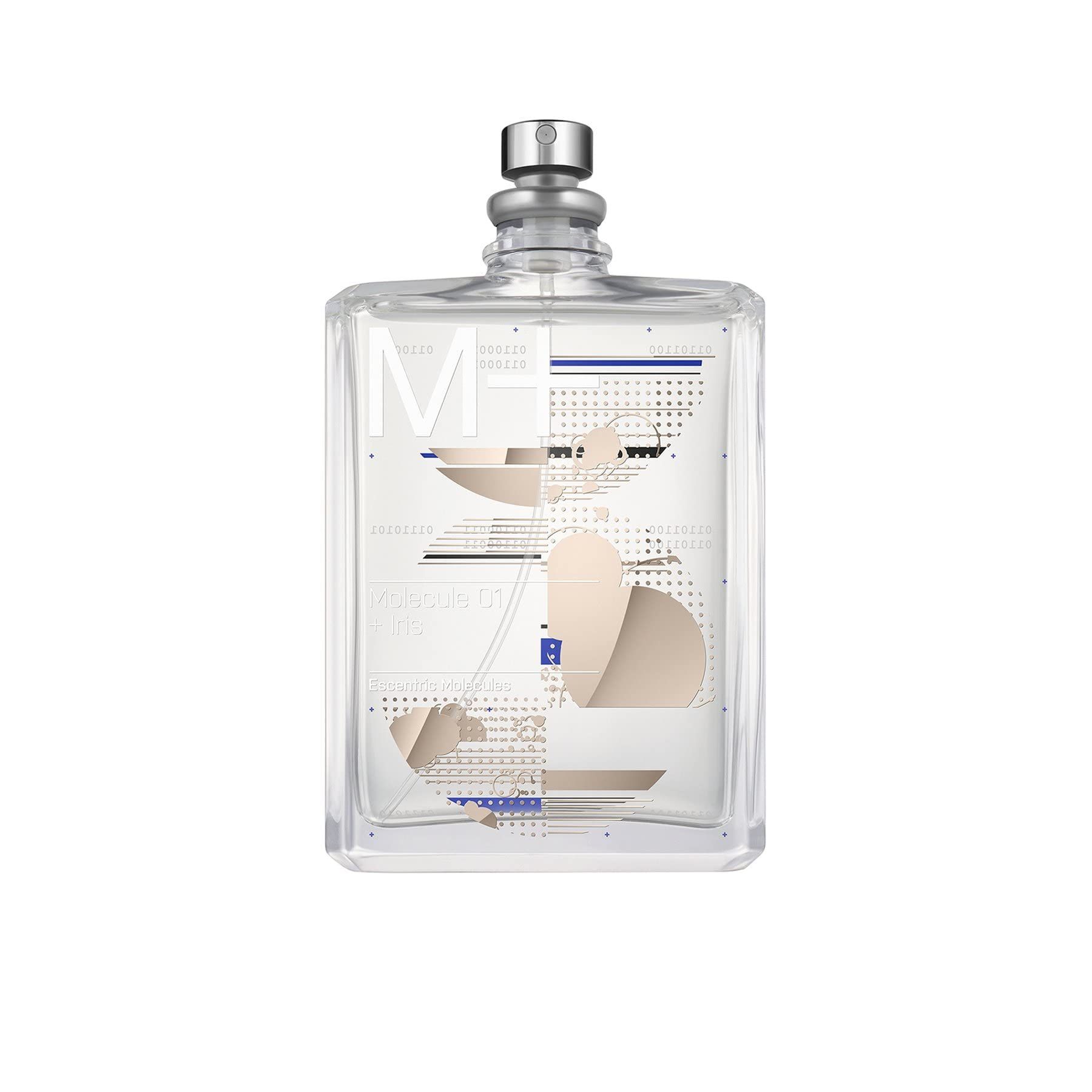 Flacone di profumo con tappo argentato. Scritta 'Molecola 01 + Iris'. Liquido trasparente, design geometrico.