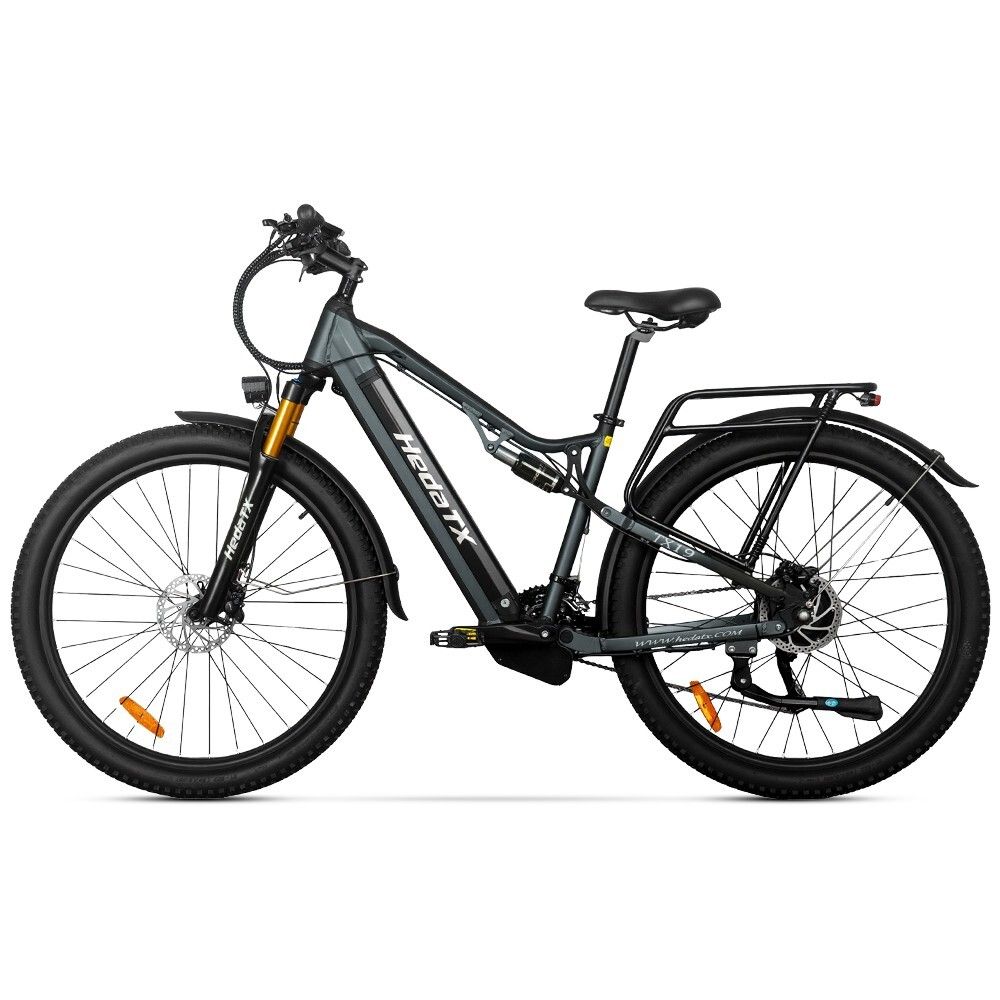 E-bike grigio HedaTX TX19. Pneumatici neri, portapacchi, sospensioni. Forcella gialla. 27 velocità. Scritta HedaTX.