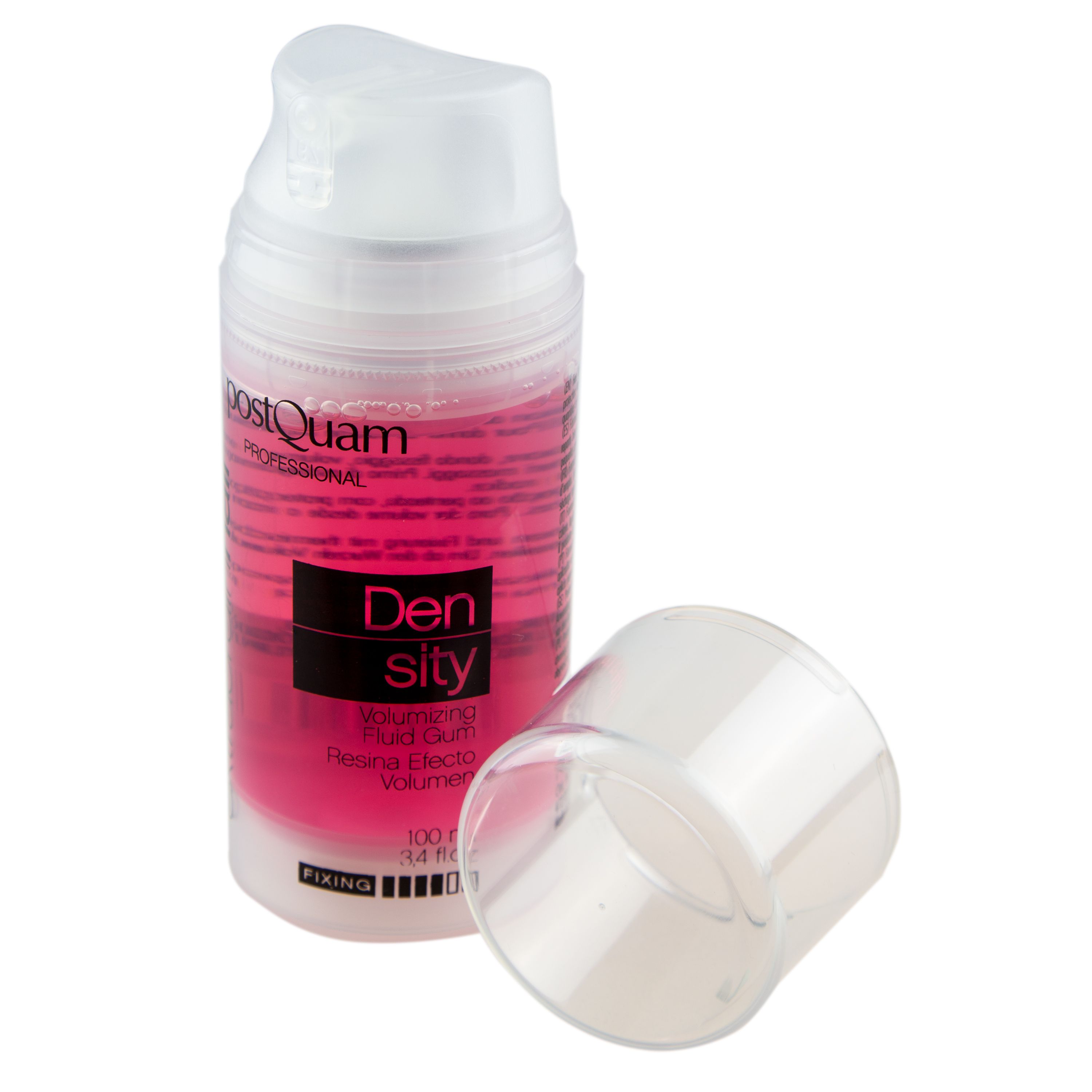 Flacone cilindrico con liquido rosa. Scritte: Postquam, Extraordinhair, Density. Con coperchio rimosso.