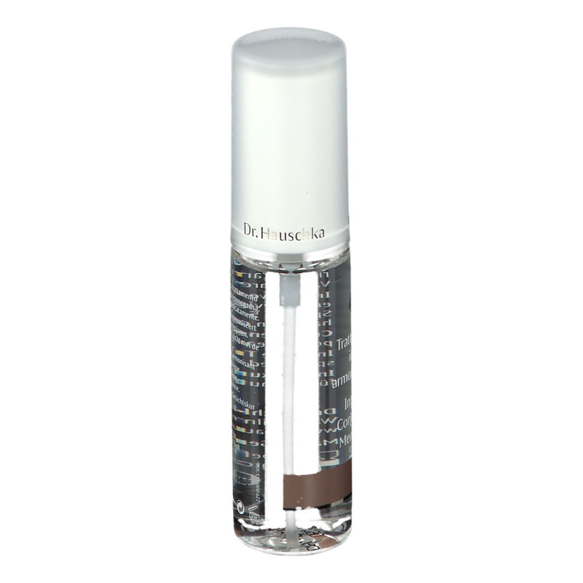 Flacone trasparente con vaporizzatore. Tappo bianco. Nome del prodotto e testo sul flacone. Striscia marrone in basso.