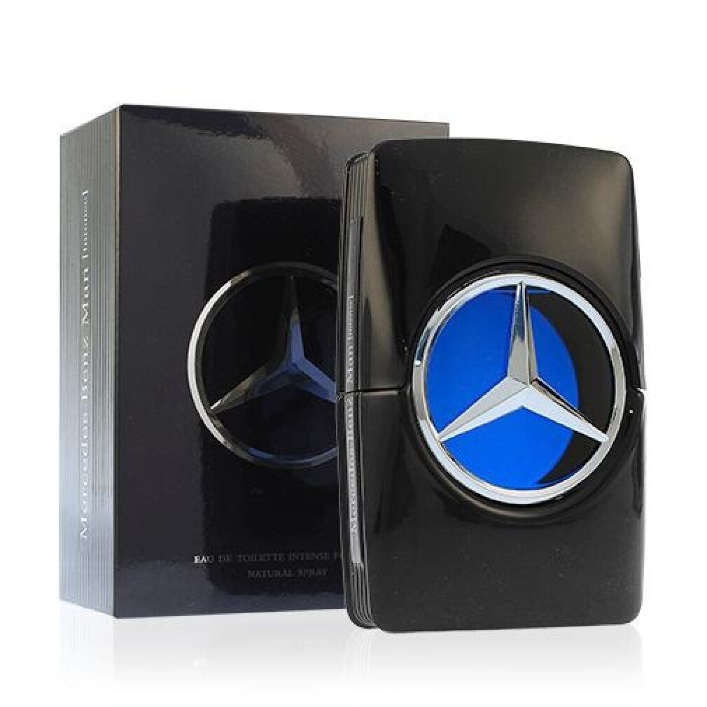 Flacone nero e confezione con logo Mercedes-Benz. Flacone con sfondo blu.