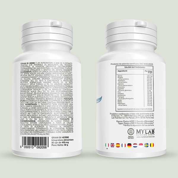 Due flaconi di prodotto con testo e informazioni nutrizionali. Testo: "Grani di Herbe". Tabella nutrizionale.
