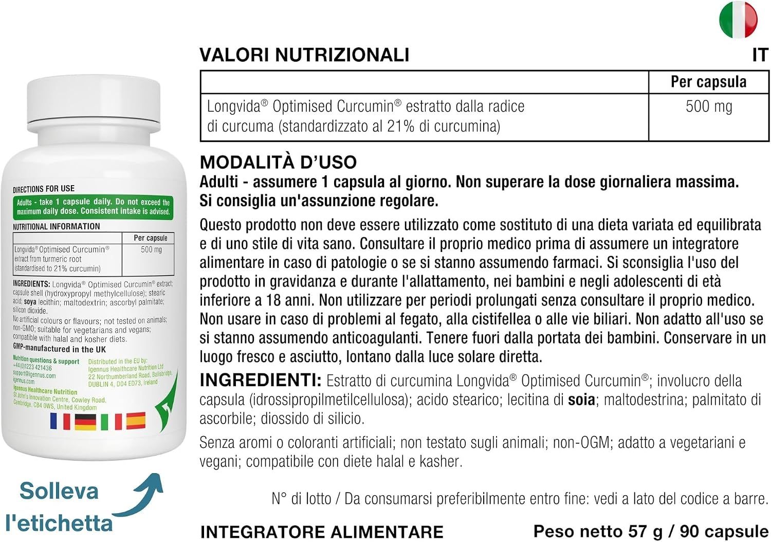 Retro di un barattolo Igennus Longvida Curcumin con informazioni nutrizionali e istruzioni per l'uso.