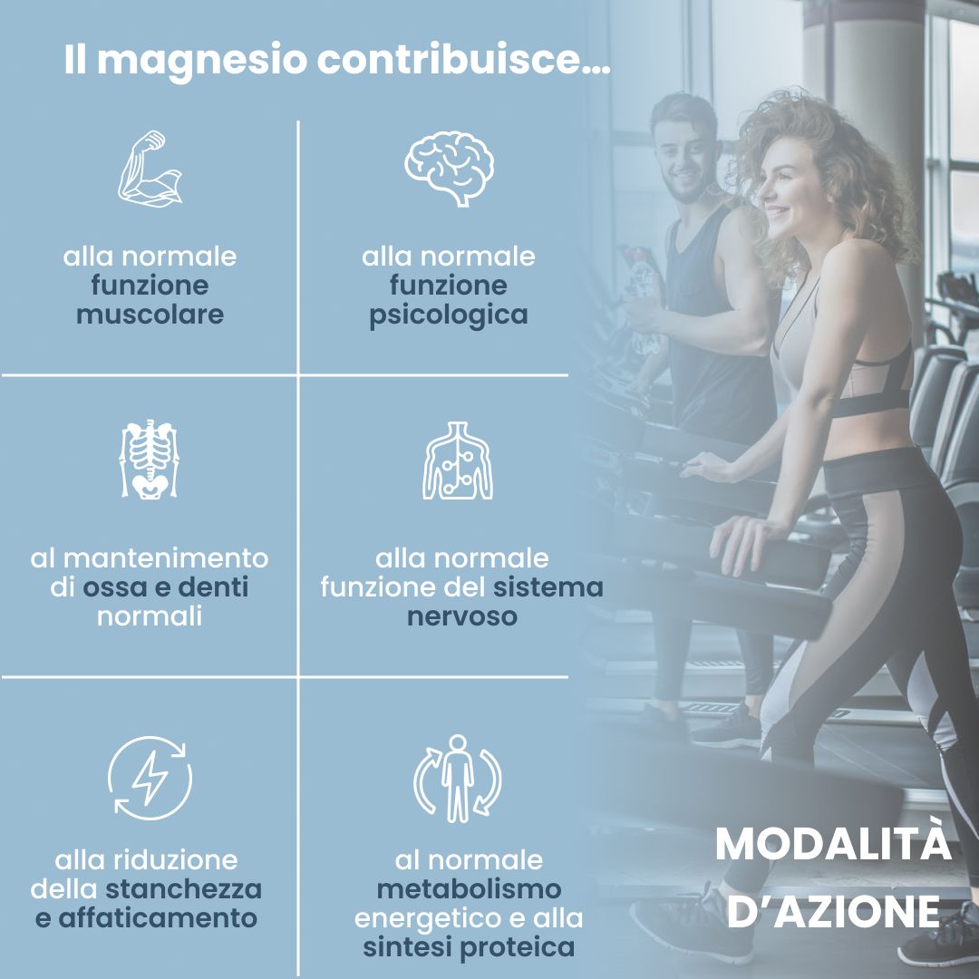 Coppia su tapis roulant, icone con testo sugli effetti del magnesio.