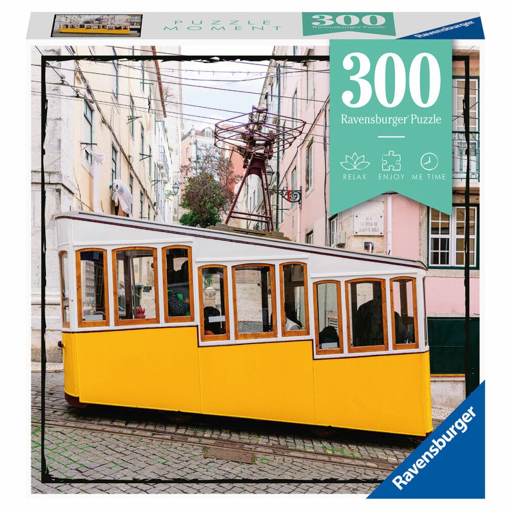 Scatola puzzle con tram giallo davanti alle case. 300 pezzi, Ravensburger. Scritta: Relax, Enjoy Me Time.