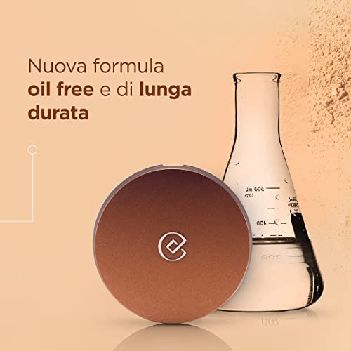 Terra abbronzante in confezione rotonda. Testo: Nuova formula oil free e di lunga durata. Accanto a un recipiente da laboratorio.