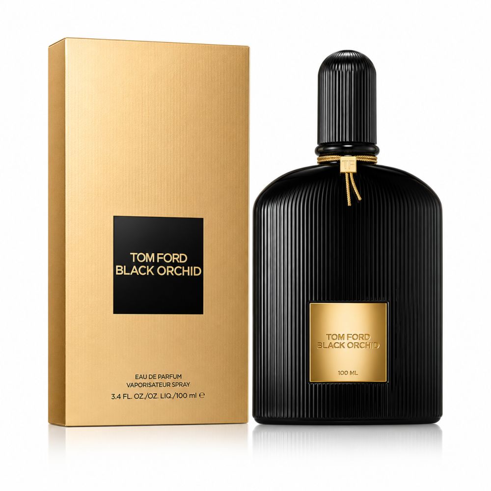 Flacone Tom Ford Black Orchid Eau de Parfum e confezione dorata.