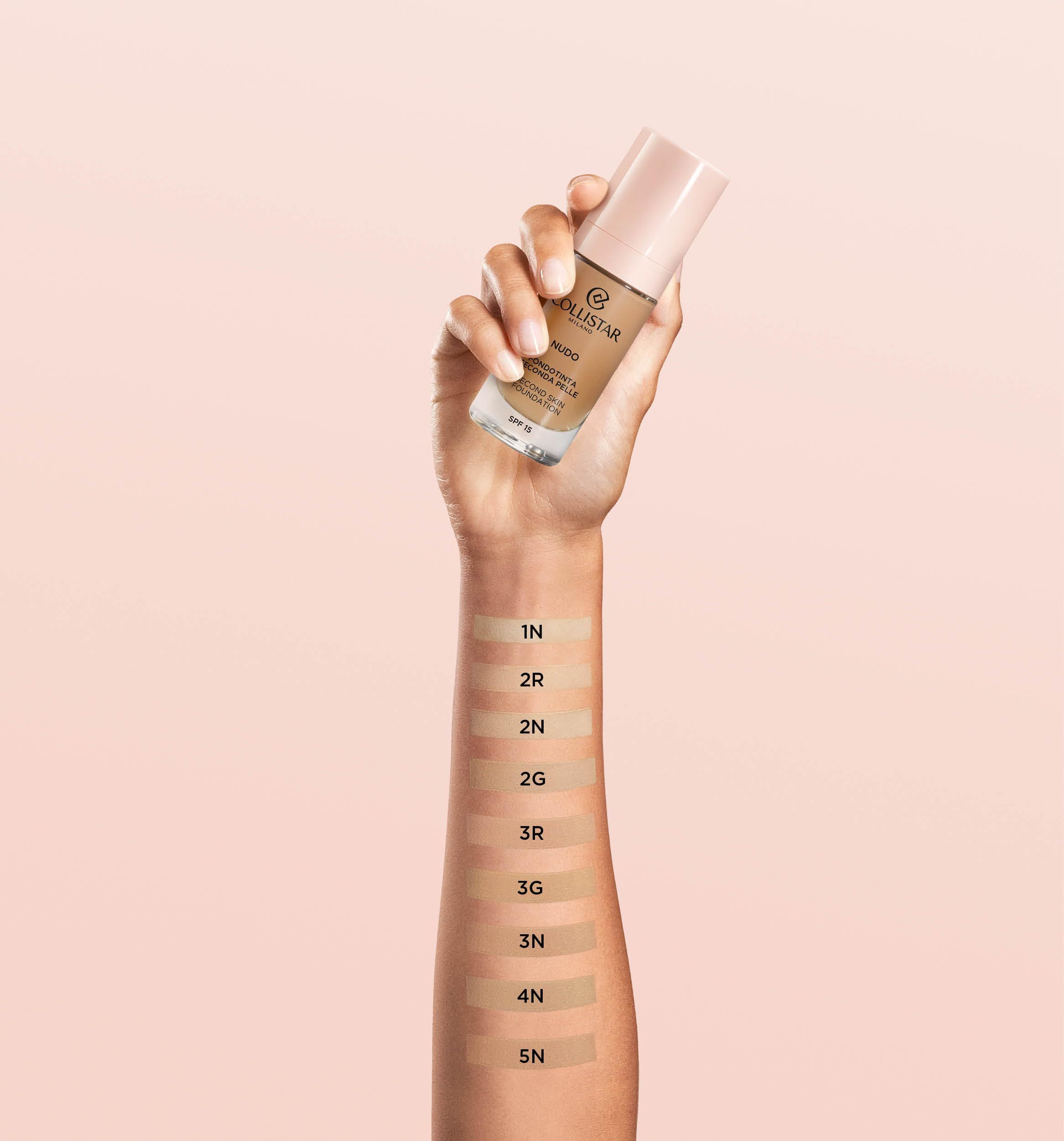 Braccio con campioni di fondotinta. Flacone: Collistar Milano, Nudo, Fondotinta Seconda Pelle, Second Skin Foundation, SPF 15.