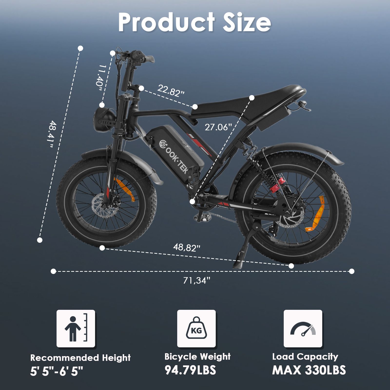 Bicicletta elettrica con dimensioni. Dimensioni in pollici. Altezza consigliata, peso della bici, carico massimo.