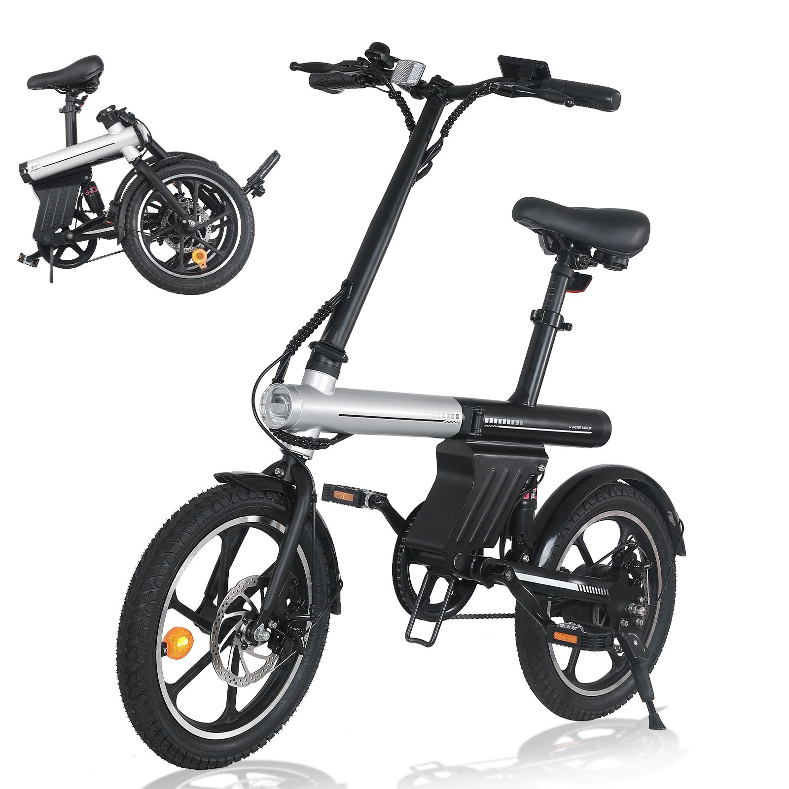 E-bike pieghevole, nero-argento, con accessori: lucchetto e pompa. Freni a disco, ruote da 16 pollici.