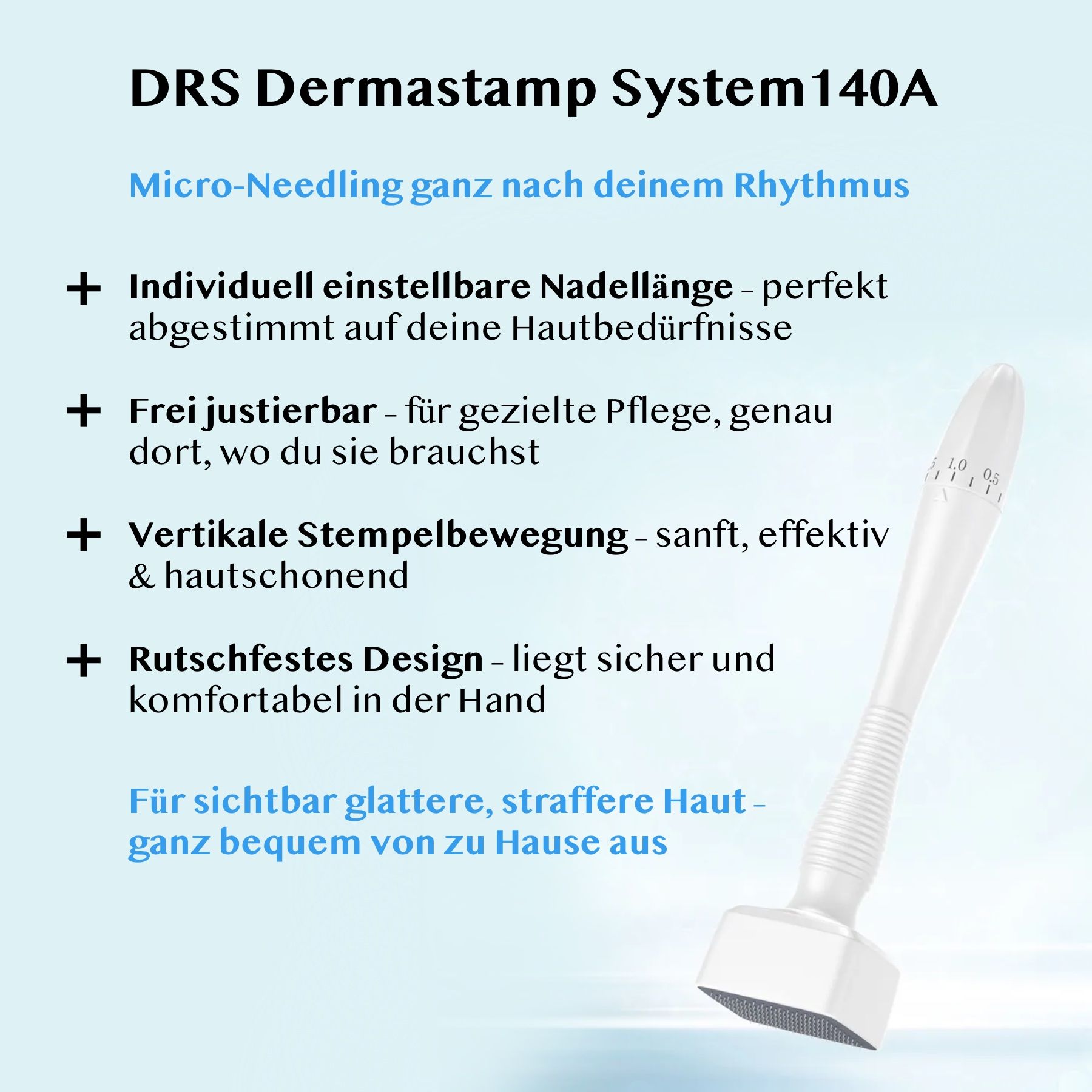 Dermastamp bianco con lunghezza dell'ago regolabile e impugnatura antiscivolo.