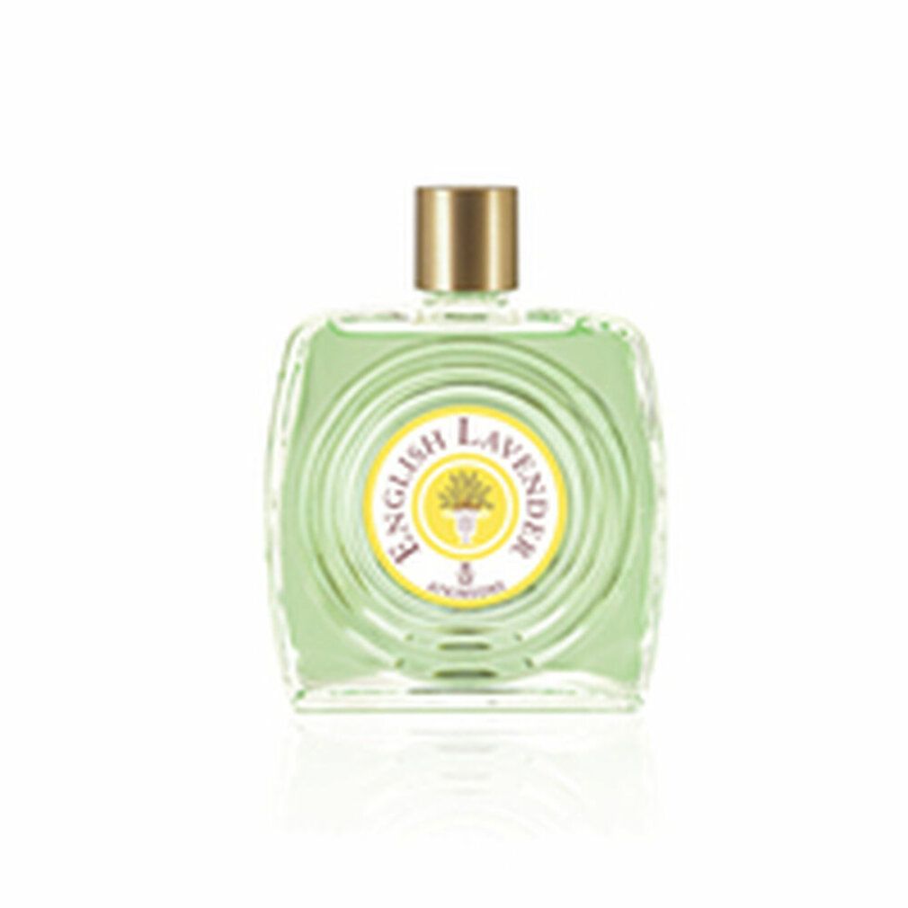 Atkinsons English Lavender Eau de Toilette. Flacone quadrato, verde chiaro. Etichetta gialla con testo e logo. Tappo dorato.