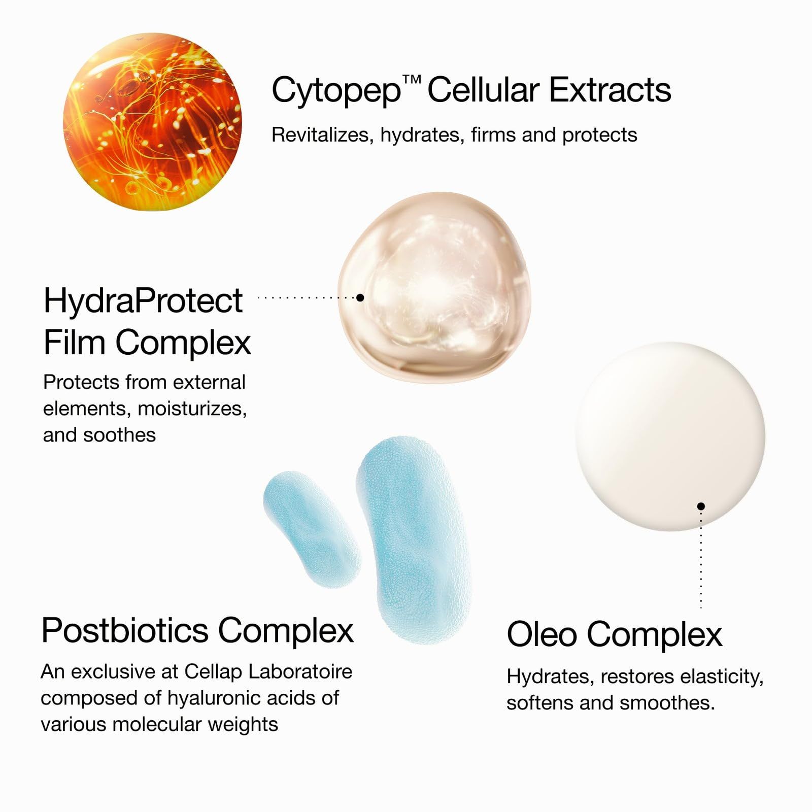 Grafico con ingredienti: Cytopet Cellular Extracts, HydraProtect Film Complex, Postbiotics Complex, Oleo Complex. Gocce colorate.