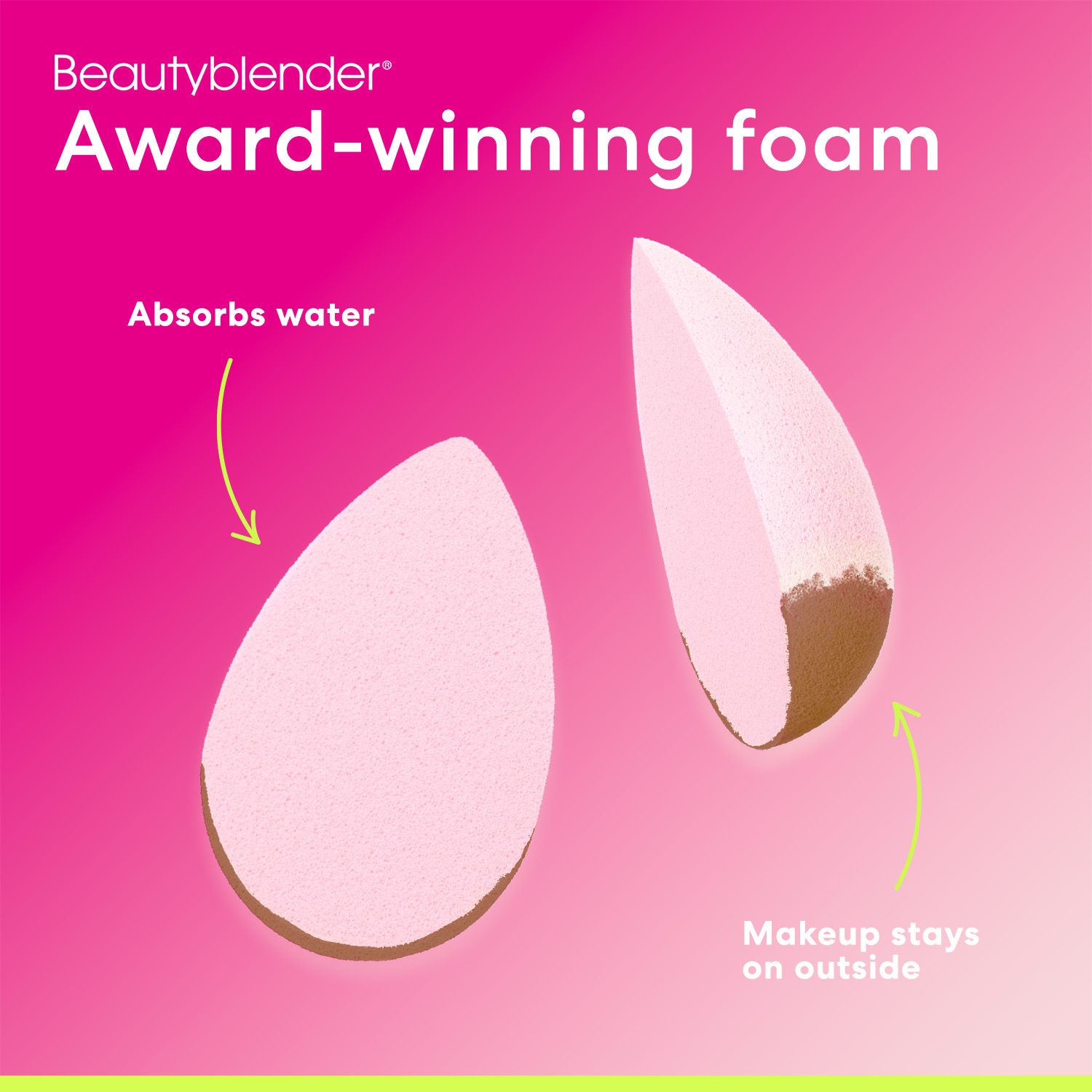 Spugna Beautyblender che assorbe l'acqua. Testo: Award-winning foam, Makeup stays on outside. Sfondo rosa.
