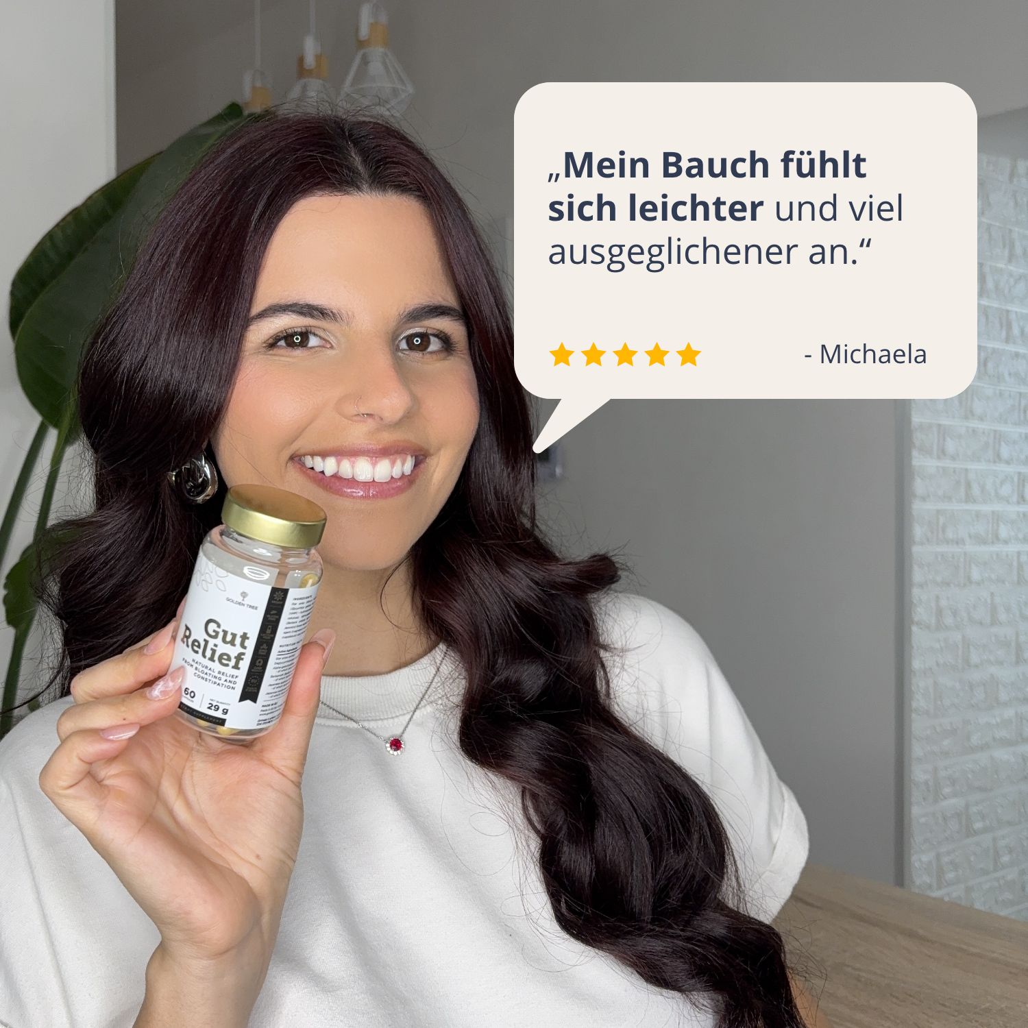 Flacone di 60 capsule Golden Tree Gut Relief, 29g. Con anice stellato e foglie.
