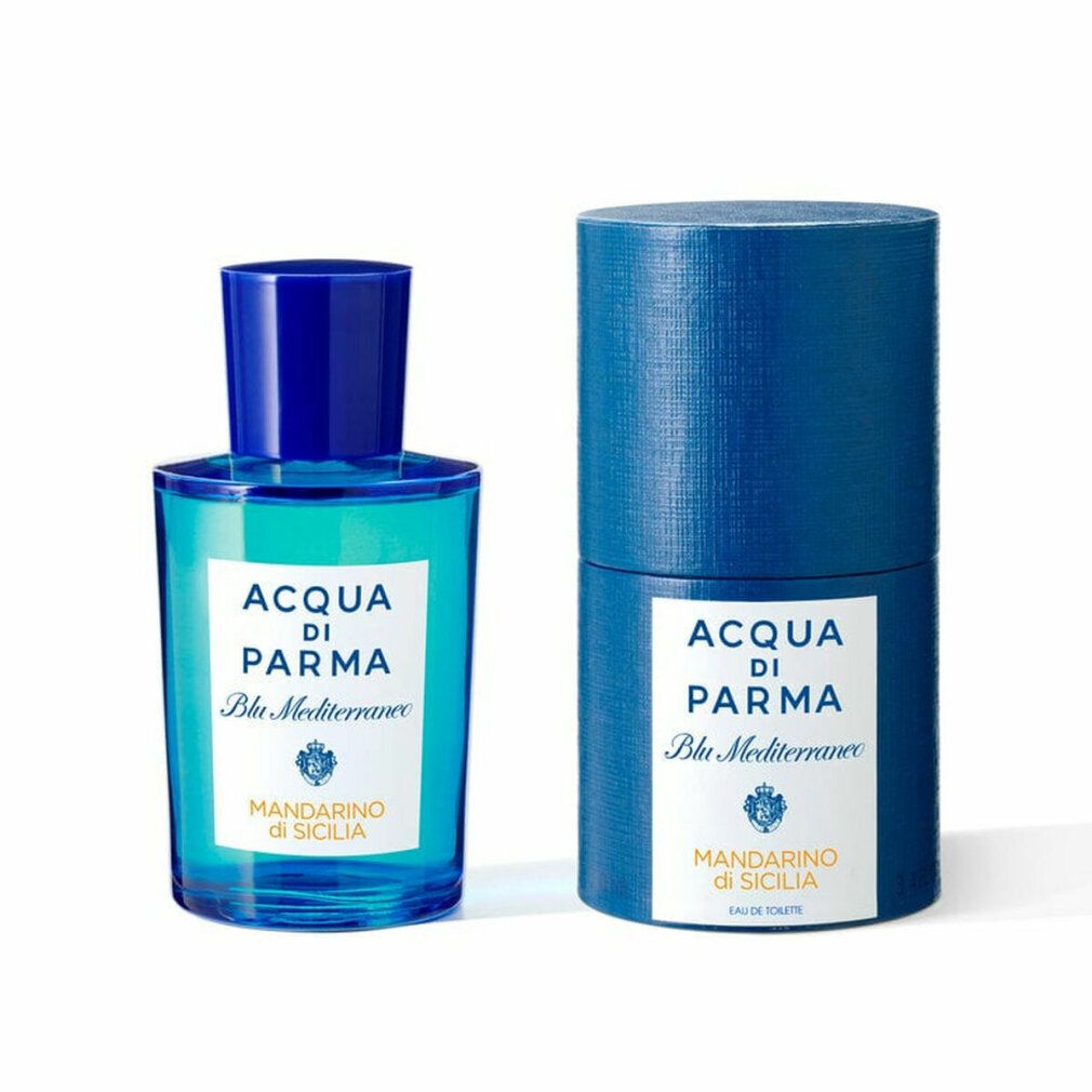 Flacone e confezione blu-verdi. Scritta: Acqua Di Parma Blu Mediterraneo Mandarino di Sicilia.