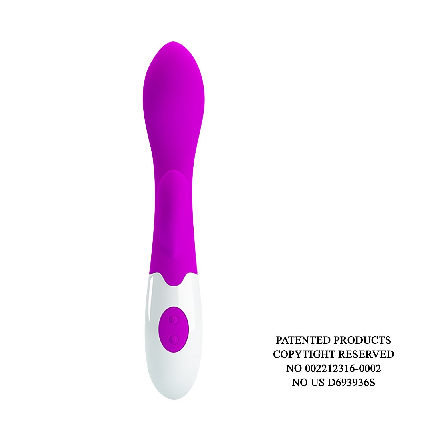 Vibratore viola e bianco. Testo: Prodotti brevettati, Copyright, numeri di brevetto.