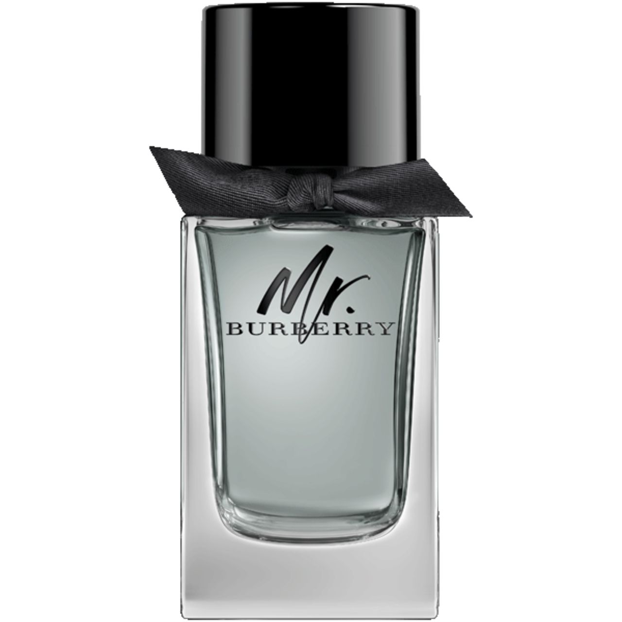 Flacone Mr. Burberry con tappo nero e fiocco. Scritta Mr. Burberry.