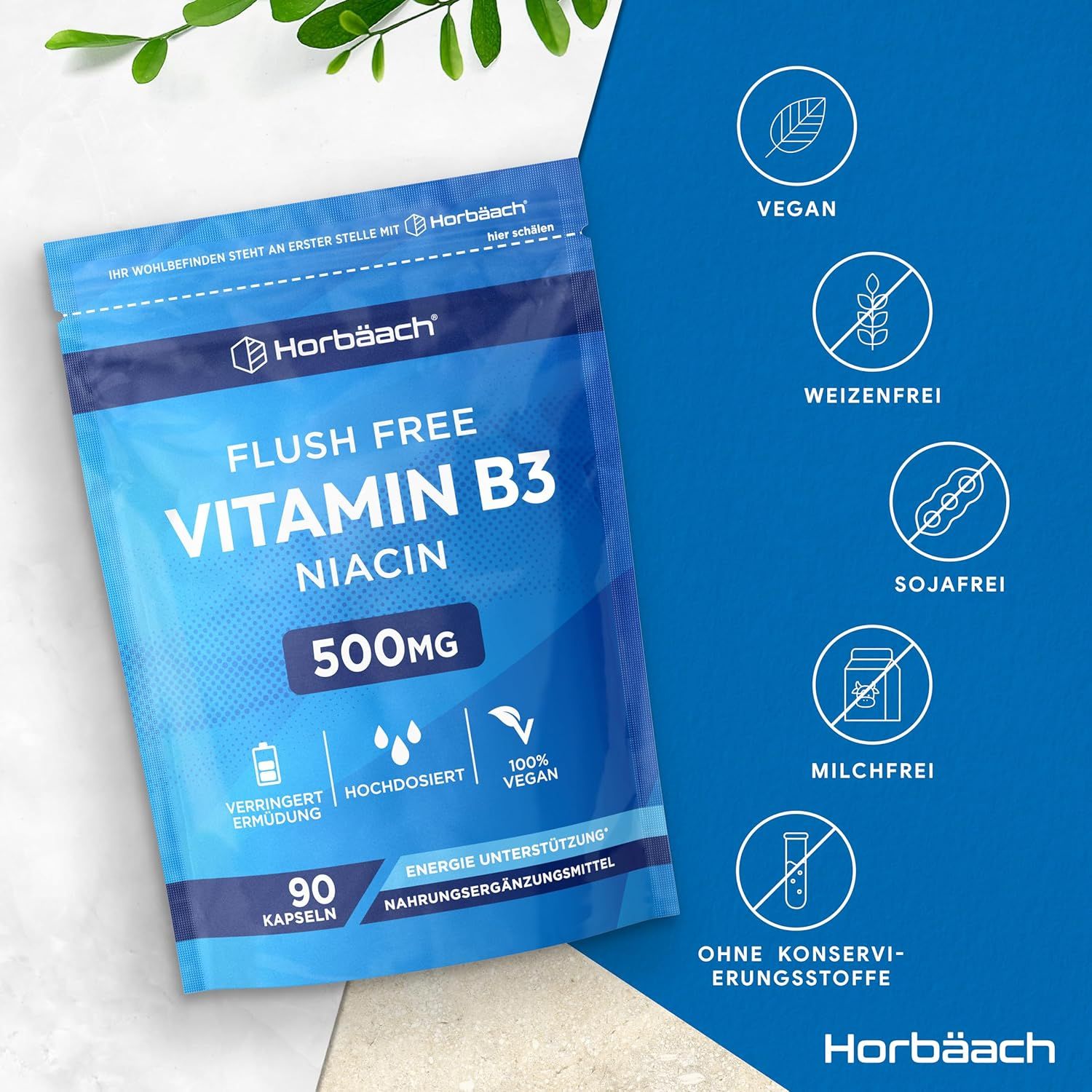 Confezione blu con Vitamina B3 Niacina 500mg, 90 capsule. Vegano. Horbaach. Senza: glutine, soia, latte, conservanti.