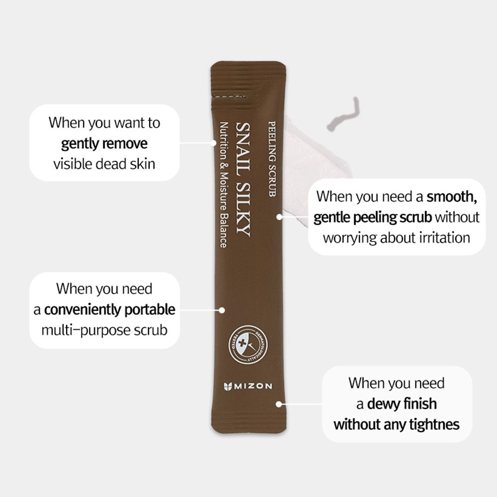 Bustina singola con testo. Scritta: PEELING SCRUB, Snail Silky. Blocchi di testo con descrizioni d'uso. Logo MIZON.
