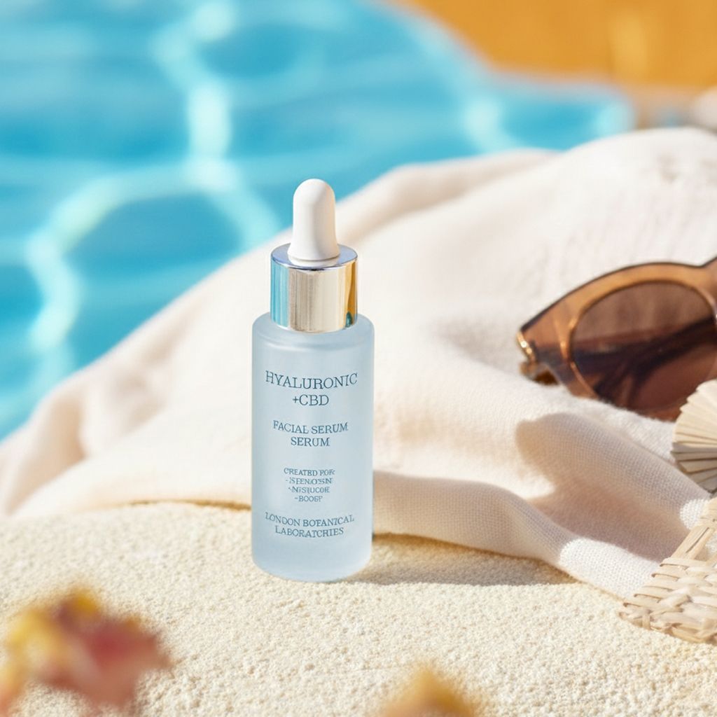 Flacone di siero Acido Ialuronico + CBD vicino a un asciugamano e occhiali da sole a bordo piscina.