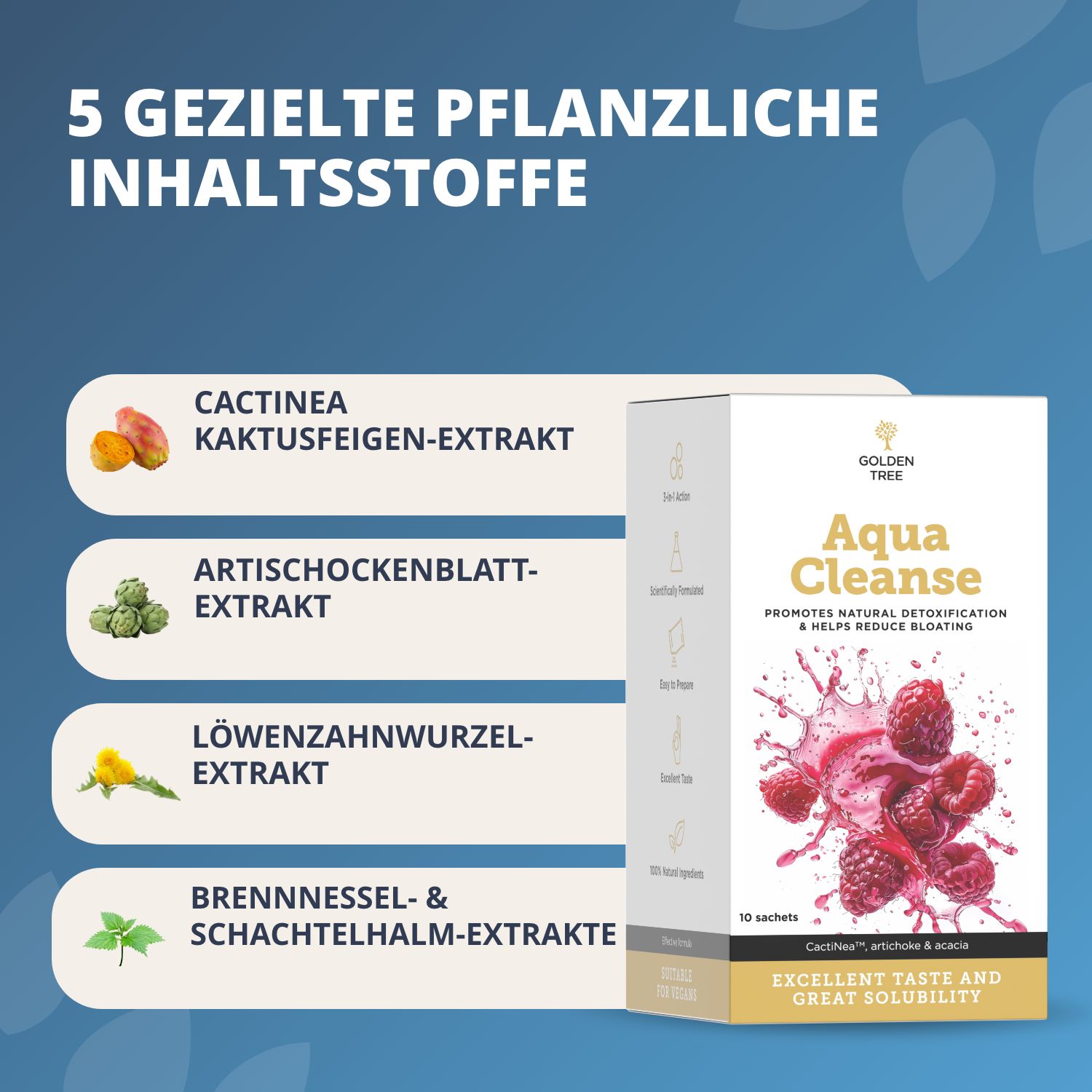 Golden Tree Aqua Cleanse: 5 ingredienti vegetali mirati, estratto di fico d'India, estratto di foglie di carciofo, estratto di radice di tarassaco, estratti di ortica ed equiseto.