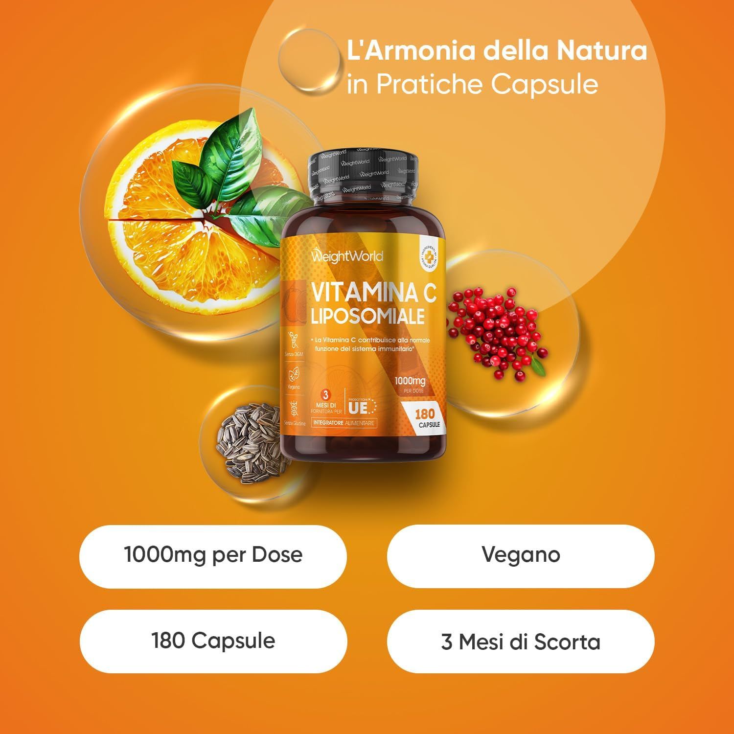 Flacone WeightWorld Liposomales Vitamin C. 1000mg per dose, vegano, 180 capsule, 3 mesi di scorta.