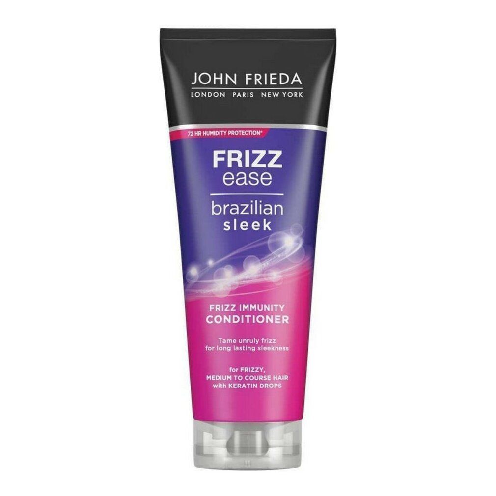 Conditioner John Frieda Frizz-Ease Brazilian Sleek. Tubo viola, rosa e bianco. Tappo nero. Testo: Frizz Ease, Brazilian Sleek.