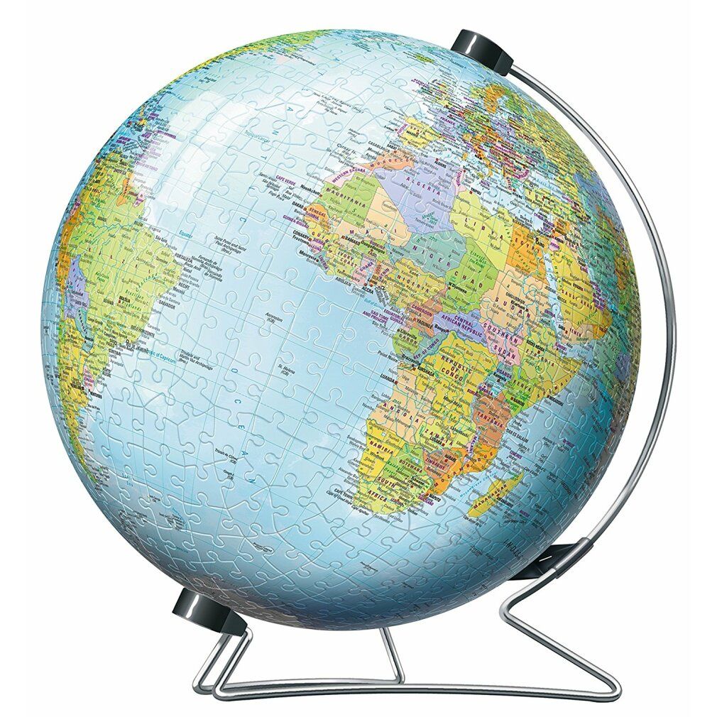 Globo puzzle 3D su supporto. Il globo mostra continenti e paesi. Diametro 21,5 cm.