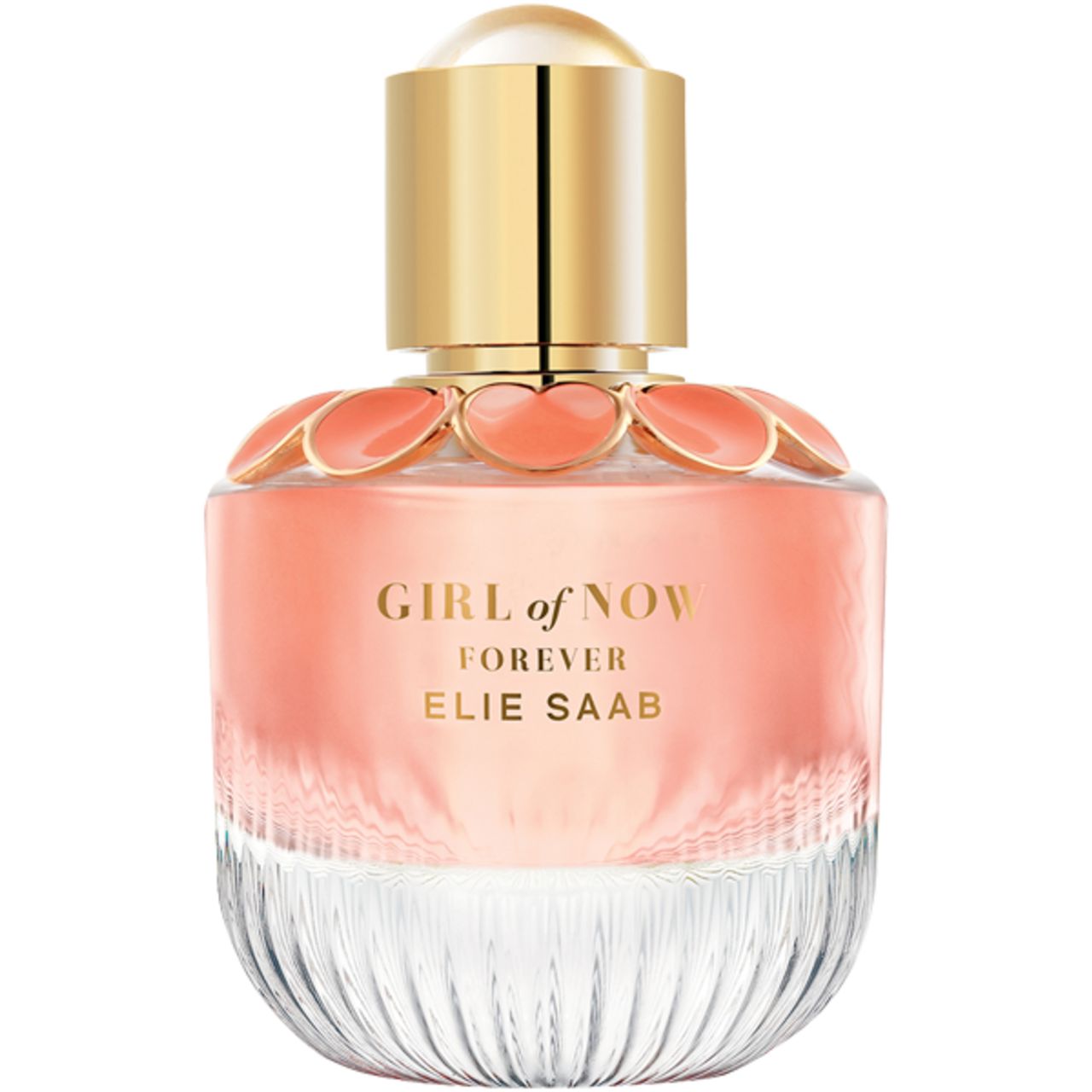 Flacone di profumo con liquido rosa, tappo dorato e design floreale. Scritta: Girl of Now Forever, Elie Saab.