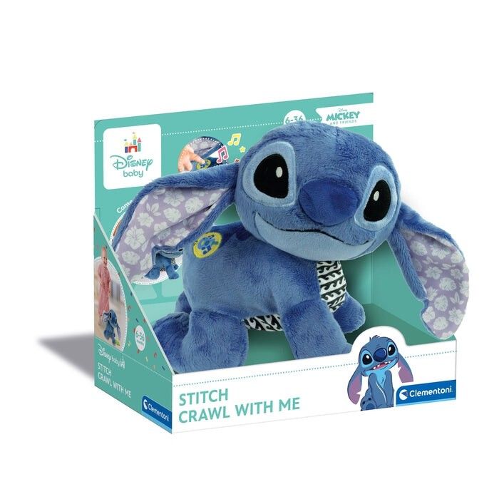 Peluche Stitch blu in confezione. Orecchie con motivo floreale. Scritta: Stitch Crawl With Me. Marchio: Disney Baby, Clementoni.