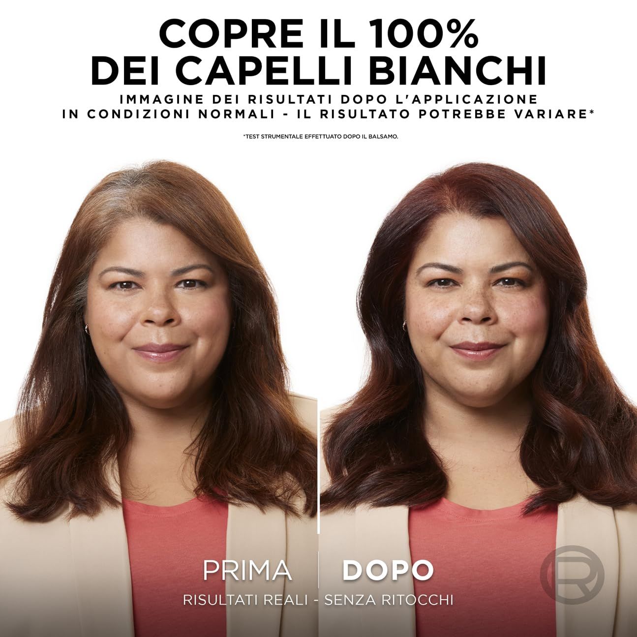 Confronto prima e dopo. Mostra una donna con capelli grigi prima e dopo l'applicazione del colore. Testo: Copre il 100% dei capelli bianchi.