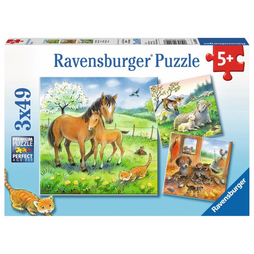 Motivo puzzle: cane con cuccioli e pulcini in una stalla. Legno chiaro, fieno, ossa. Illustrazione.