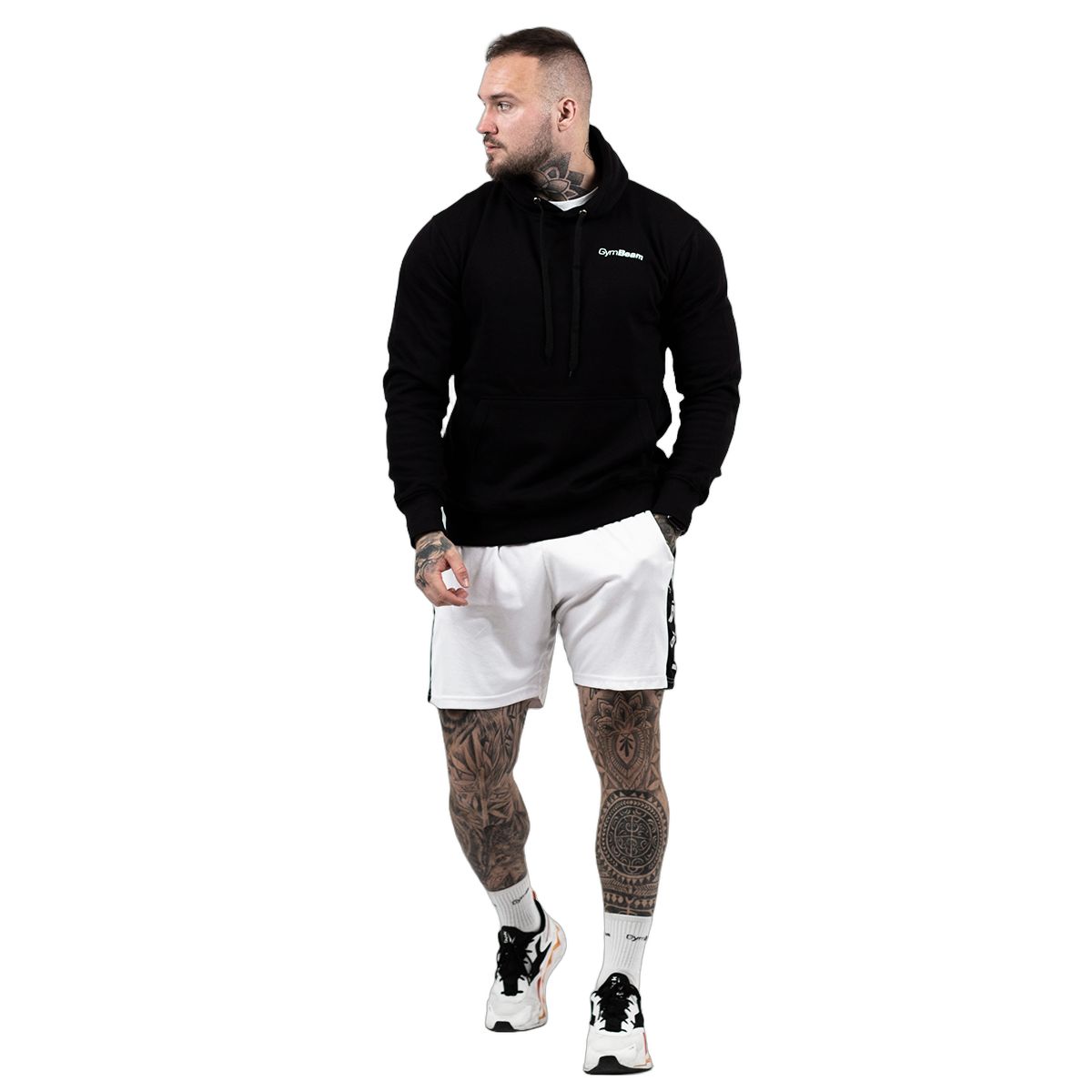 GymBeam Felpa uomo con cappuccio regular Athlete nero e bianco