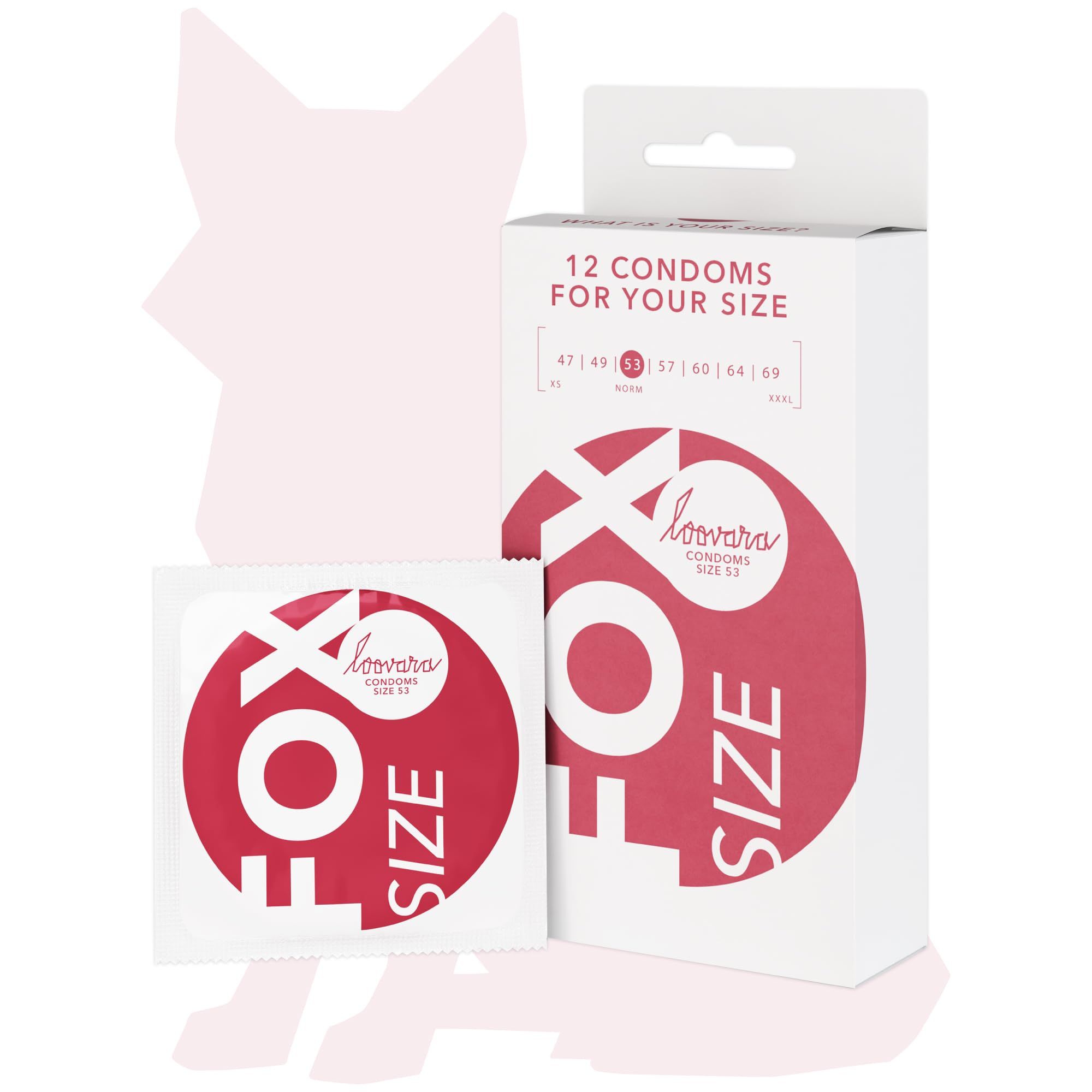Confezione di preservativi Loovara 'Fox' taglia 53, con un preservativo singolo.