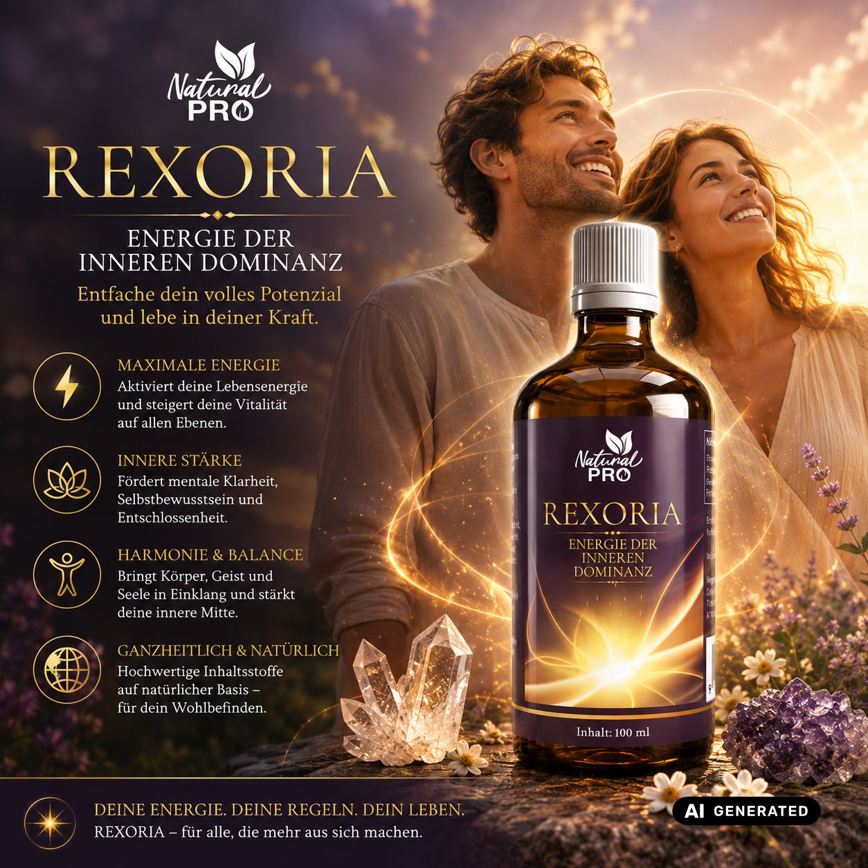 Flacone Rexoria Balance Essenz con uomo e donna sullo sfondo che guardano il sole.