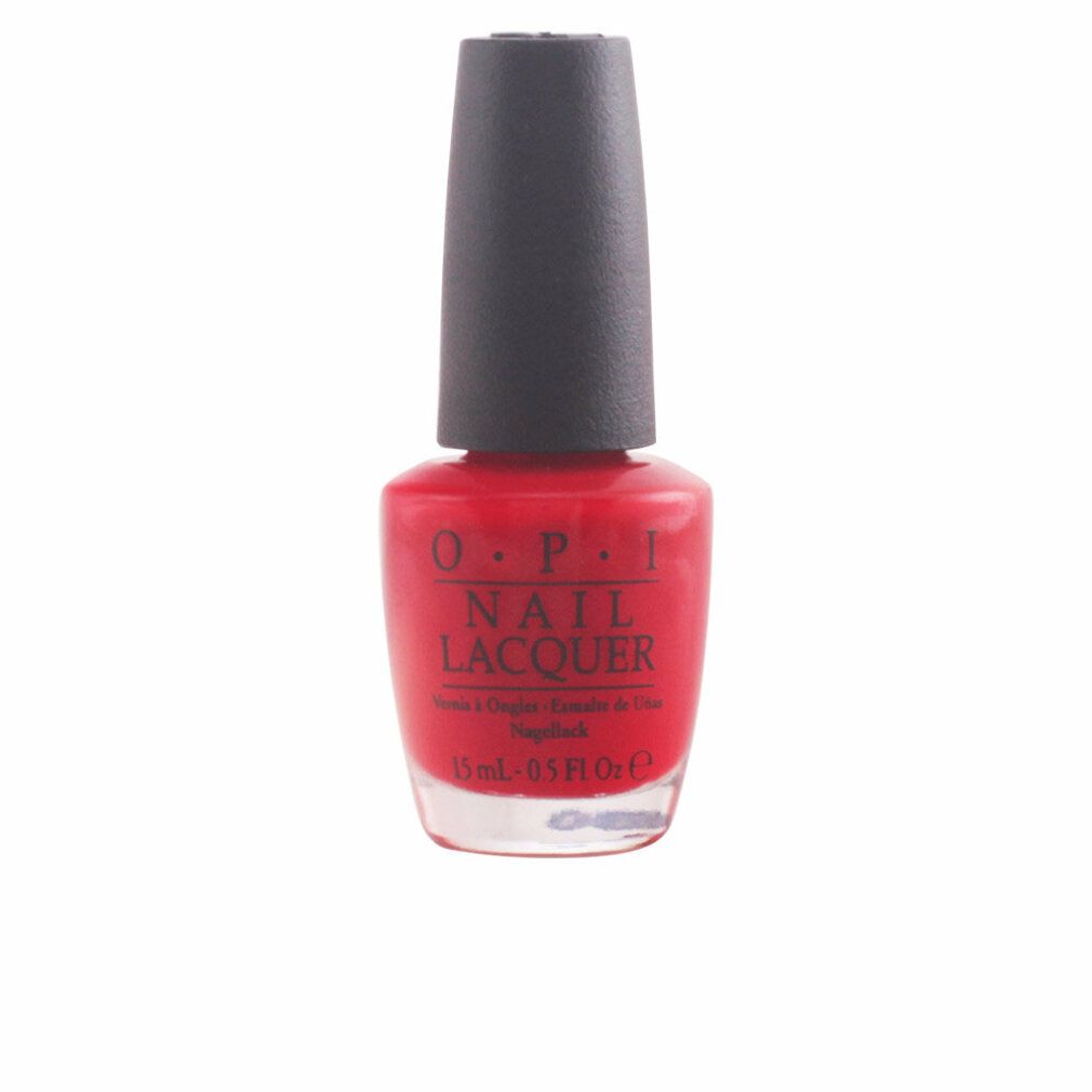 Flacone di smalto rosso con tappo nero. Scritta OPI Nail Lacquer. 15 ml.