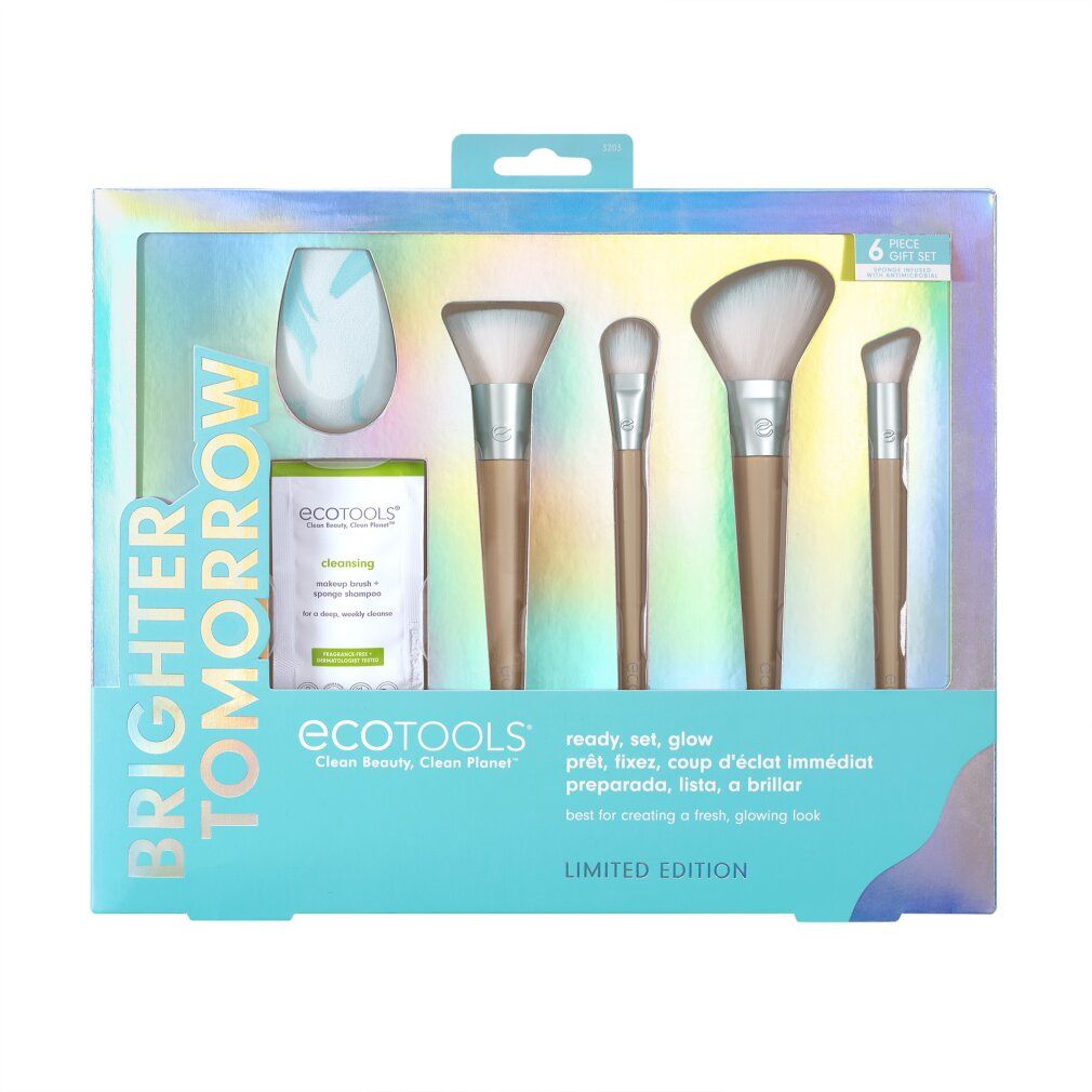 Set regalo con pennelli, spugna e prodotto detergente. Confezione con nome del prodotto e scritta "Brighter Tomorrow".