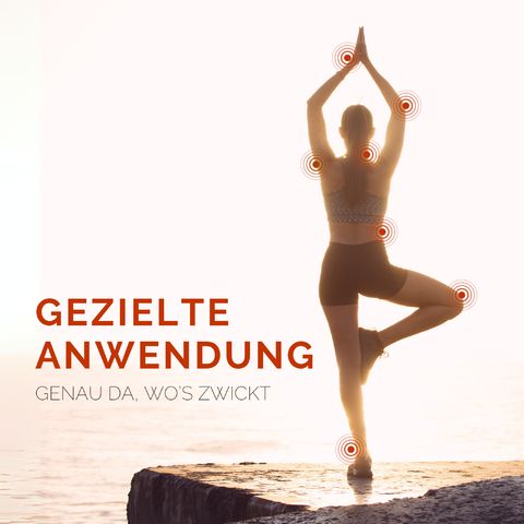 Persona in posa yoga. Cerchi rossi intorno alle articolazioni. Testo: Applicazione mirata.